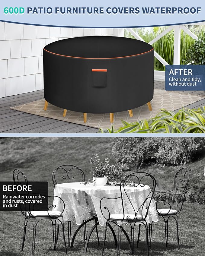 Round Patio Furniture Cover, 62 Inch Diameter Waterproof 600D Heavy Duty Table and Chair Set Protection Black
