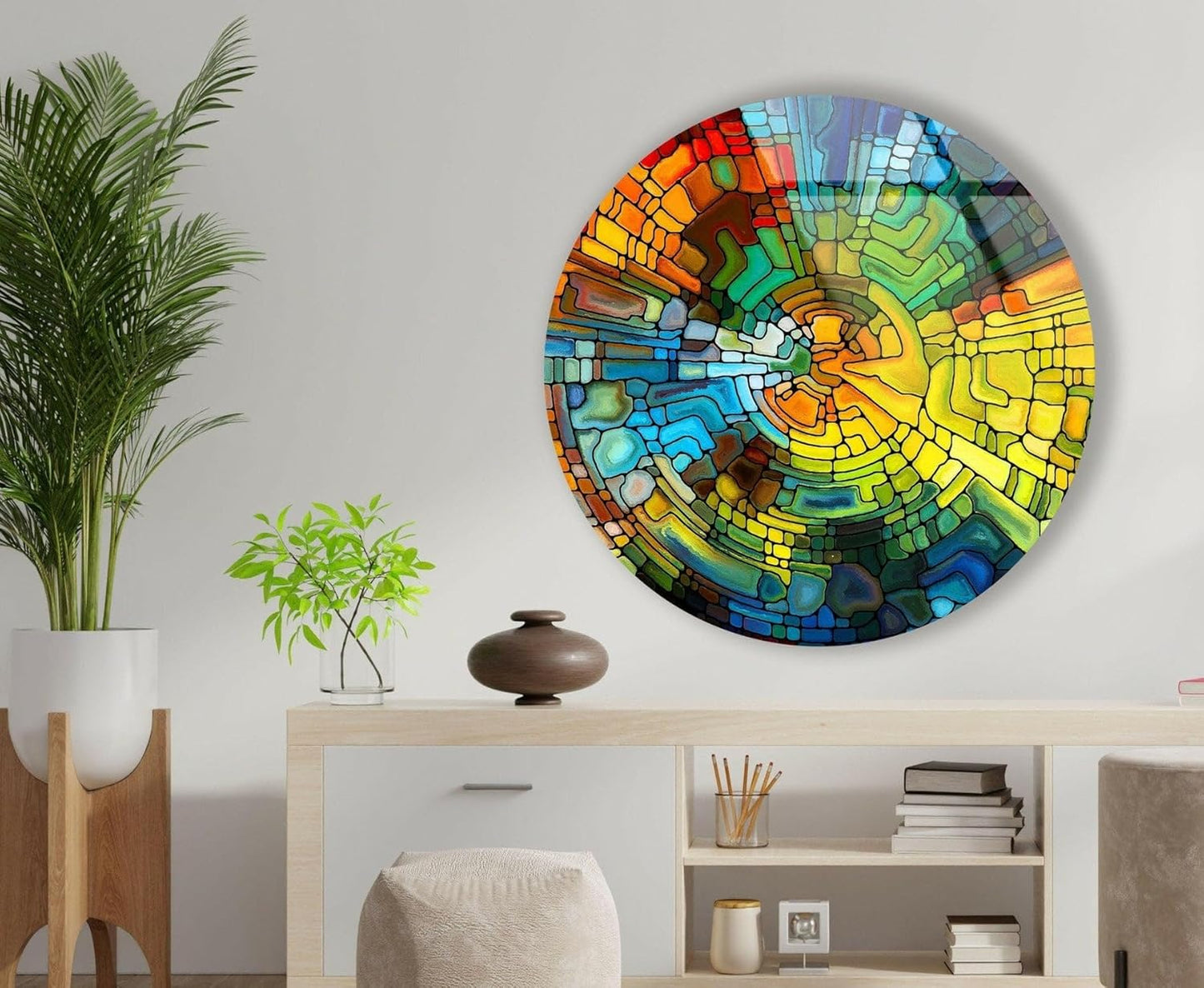 My Photostation.com 20''(50cm) Diameter Stained Yellow Round Glass Wall Art Tempered Glass Printing Wall Decor Large Wall Art Wall Hangings