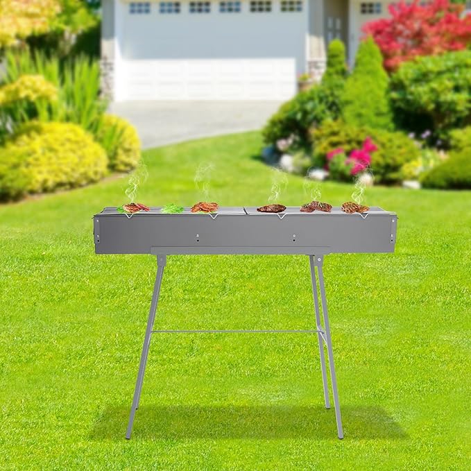 Portable Charcoal Grill, 39.3x7x5.1in Folding Camping Barbecue Gril with 2 Grill Meshes and Stand, 88 lbs Capacity Charcoal Grills for Party, Garden Picnic, Travel, Outdoor Party