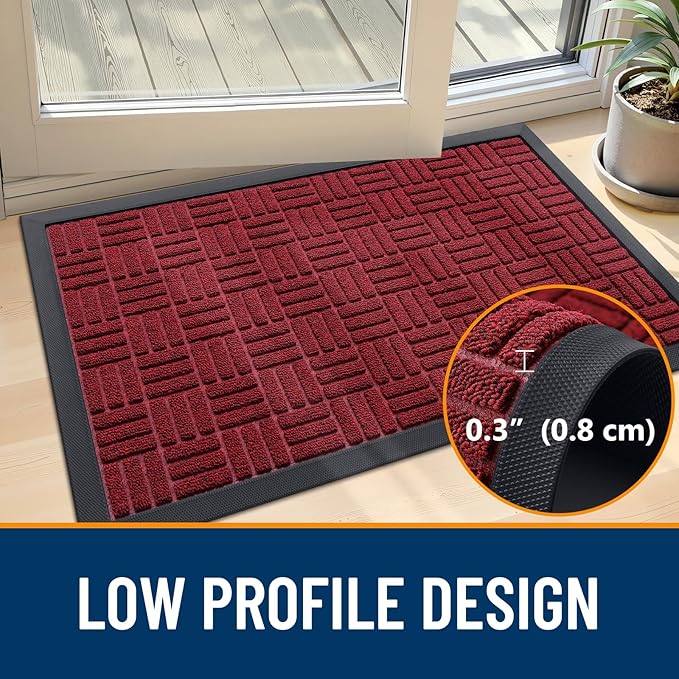 OLANLY Front Door Mat Outside Entrance 33x21, Absorbent, Heavy Duty Sturdy Natural Rubber Doormat Indoor Outdoor, Non-Slip, Stain and Fade Resistant, Low Profile Floor Mat for Entryway, Black Red