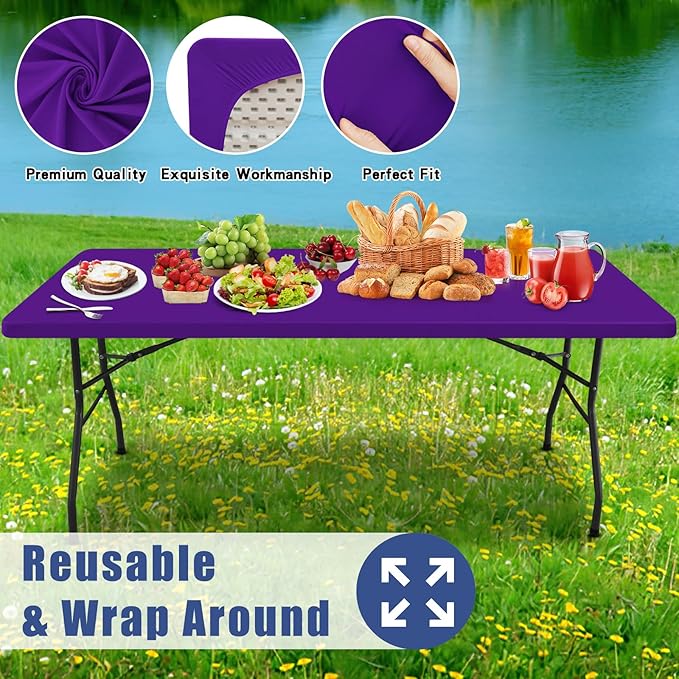 Spandex 8 Foot Rectangle Table Cloth 6 Pack, Elastic Fitted Tablecloths for Picnic, Stretch Washable Patio Table Cover for Outdoor, Camping, Banquet and Parties (Purple, 30"x96")