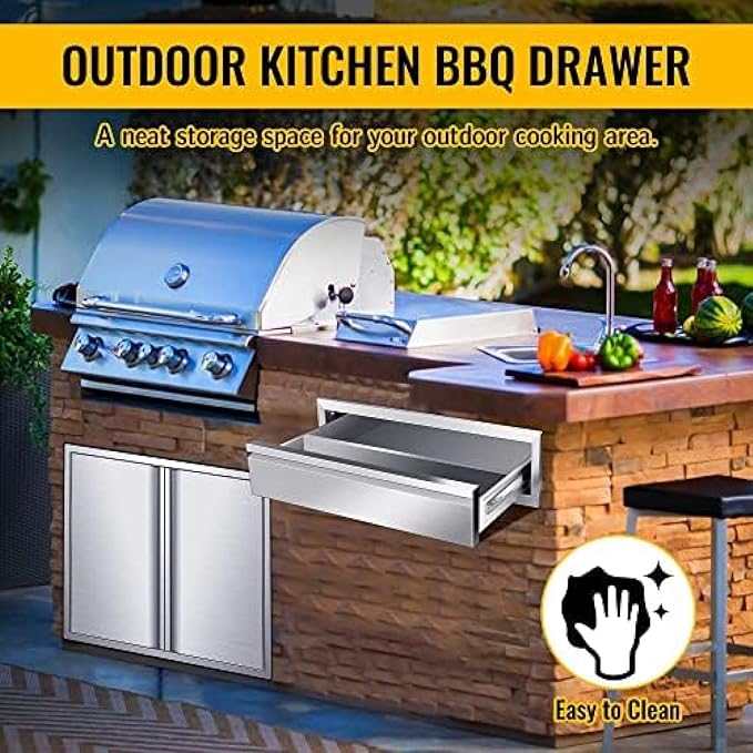 Outdoor Kitchen Drawers, Box Frame Style Flush Mount BBQ Drawer w/Stainless Steel Handle, BBQ Island Drawers For Patio Grill Station,Single Drawer