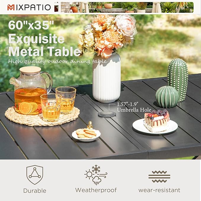 7 Pieces Outdoor Dining Set for 6, Patio Dining Set Wicker Rattan Chairs with Soft Cushion and Metal Rectangular Table, Wicker Patio Table and Chairs for Backyard Porch