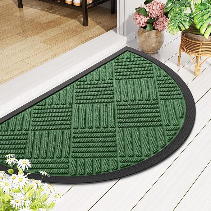 Smiry Half Circle Front Door Mat Outside Entrance, Heavy Duty Outdoor Indoor Natural Rubber Doormat, Non Slip, Trap Dirt and Moisture, Easy Clean, Low Profile Patio Porch Entryway Mat, 29.5x17, Green
