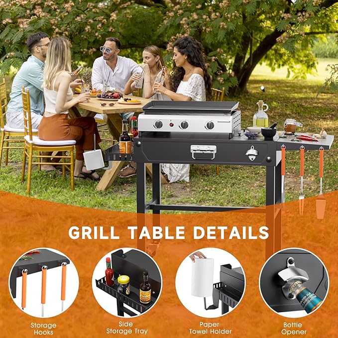 Grill Cart, Portable Grill Table for Blackstone Griddle, Foldable Outdoor BBQ Stand with Side Tray ＆ Hooks, Movable Pizza Oven Table for Outdoor Use, Fit 17"/25"/30" Large Space