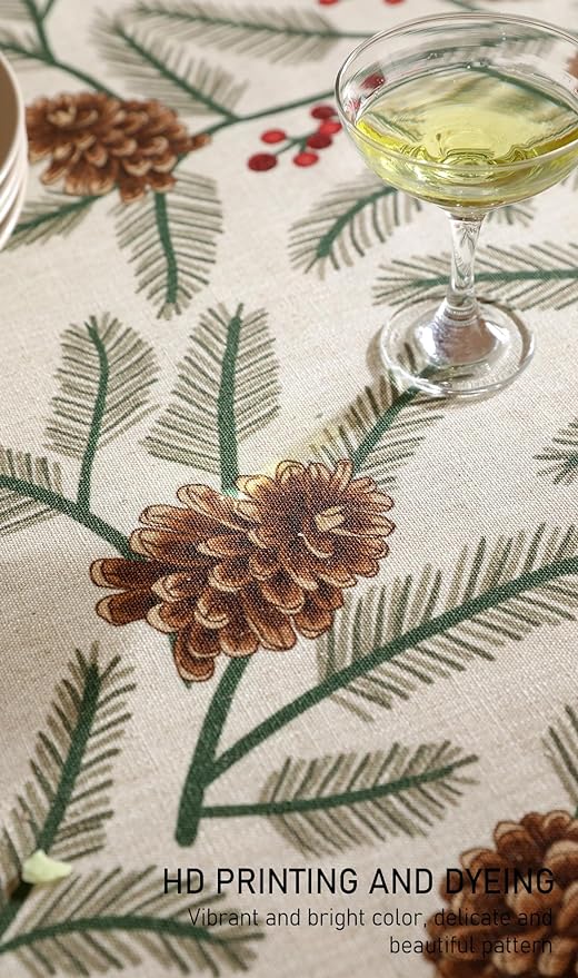 ISAENNE Designer Christmas Beige Linen Extra Long Tablecloth Rectangle,Pinecones Pattern Indoor Table Cloths,Washable Decor Tablecloths for Dining Thanksgiving Kitchen,67"*118"-Carol B
