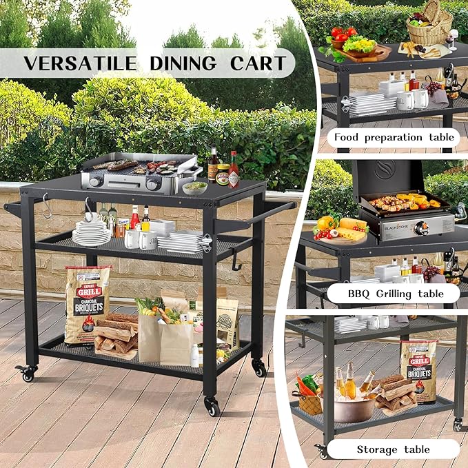 Domi 3-Tier Outdoor BBQ Grill Cart with Lockable Wheels | Portable Pizza Oven Stand & Food Prep Station | Compatible with Blackstone Griddle & Propane Tanks | All-Weather Patio Cooking Center