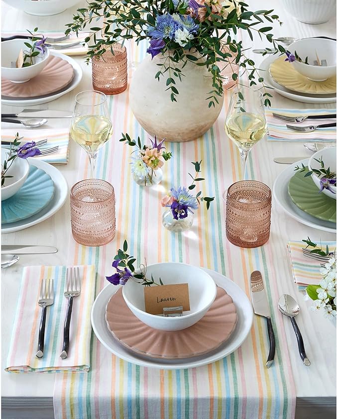 Solino Home Linen Table Runner 48 Inches - Julia 100% Pure Linen Multicolor Muted Pastel Stripe Farmhouse Table Runner 14 x 48 Inch Ideal for Dresser and Coffee Tables, Spring, Easter
