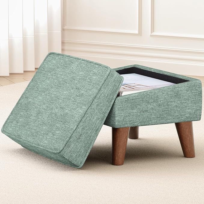 Small Footstool Ottoman, Footstool with Adjustable Lid, 11" Ottoman Foot Rest with Storage for Living Room, Bedroom, Couch, Enterway, Green