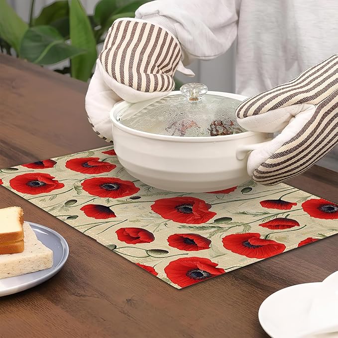 Poppy Flowers Placemats Set of 6,Red Bright Table Mates Non-Slip Heat Resistant Washable Linen Place Mats for Party Kitchen Dining Decoration Indoor Outdoor 12"x18"