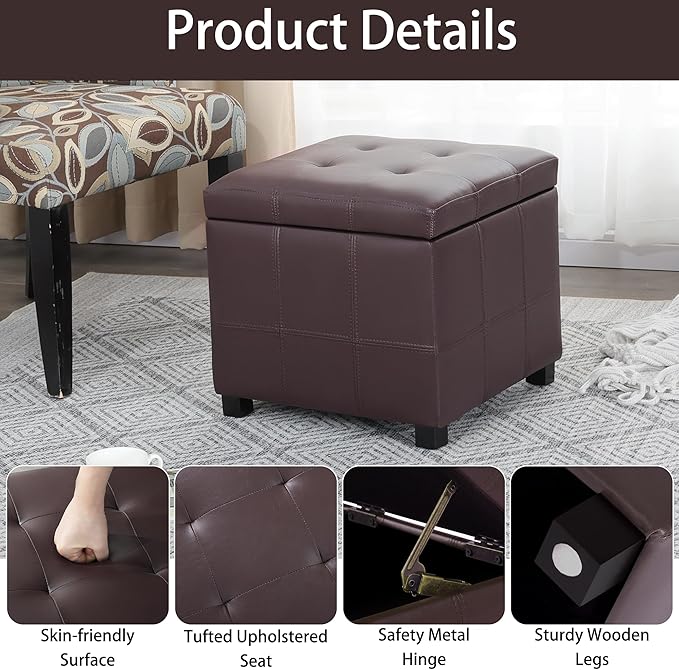 Homebeez Faux Leather Lift Top Storage Ottoman Bench with Solid Wood Frame & Tufted PU - 17.3 Inch Cube Footrest, Seat, with Metal Hinges for Living Room, Bedroom, Dorm | Coffee Brown