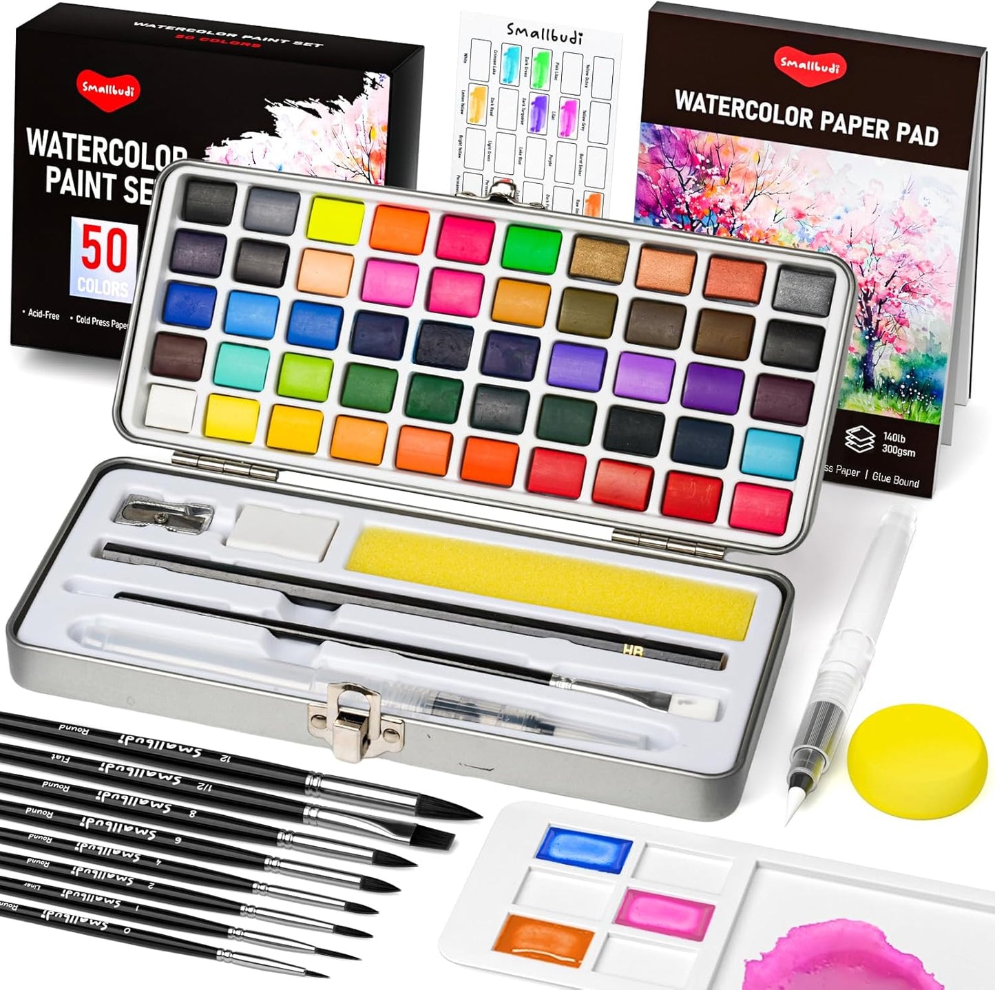 Watercolor Paint Set 50 Colors Including Metallic, Watercolor Kit with Case, Watercolor Paper, Paint Brushes, Palette and Accessories, Water Color Art Supplies Gift for Adults Kids Artists