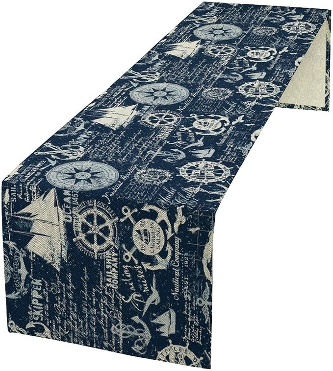 Marine Ship Table Runner, Nautical Pattern Seasonal Farmhouse Sea Rustic Kitchen Dining Table Decoration for Holiday Home Party Festival 13x90in
