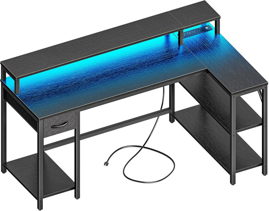 SUPERJARE 53 inch Reversible L Shaped Desk with LED Lights & Power Outlets, Computer Desk with Shelves & Monitor Stand, Gaming Desk with Drawer, Home Office Desk Corner Desk, Black