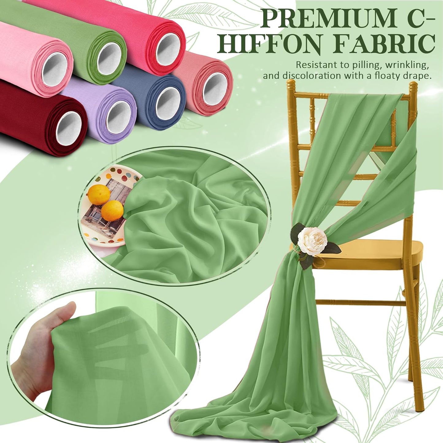 Horbaunal Dusty Sage Chiffon Fabric by The Yard, 1 Yard Continuous Sheer Fabric 59" Wide Soft Draping Fabric for Wedding Arch Draping Party Backdrop DIY Sewing