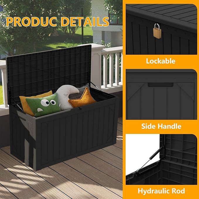 100 Gallon Resin Deck Box, Waterproof Outdoor Storage Box for Patio Furniture Cushions, Garden Tools, and Pool Accessories, Large Lockable UV-Resistant Storage Bin Bench Cabinet for Outside, Black