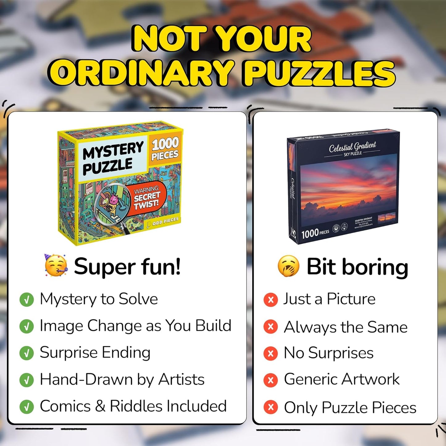 Odd Pieces Jigsaw Puzzles 1000 Pieces - Magic Mystery Story Secret Ending Puzzle - Perfect Game Night for Adults & Kids - Funny Space Cartoon Theme (AstroGastro)