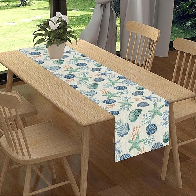 Nautical Table Runner, Summer Sea Coastal Starfish Seashells Coral Tropical Ocean Beach Blue Farmhouse Coffee Table Center Decor for Home Kitchen Dining Patio Indoor Outdoor Table Decorations, 13"x36"