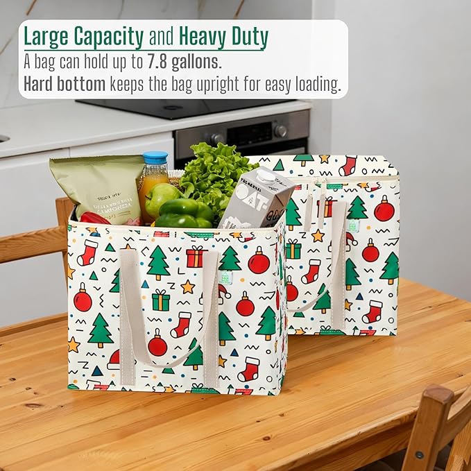 VENO 2 Pack Cooler Bag, Insulated Grocery Bags for Food Delivery, Collapsible Cooler, Reusable Shopping Bags for Groceries, Hard Bottom, Zippered, Foldable, Christmas Pattern (Jingle Mix, 2 Pack)