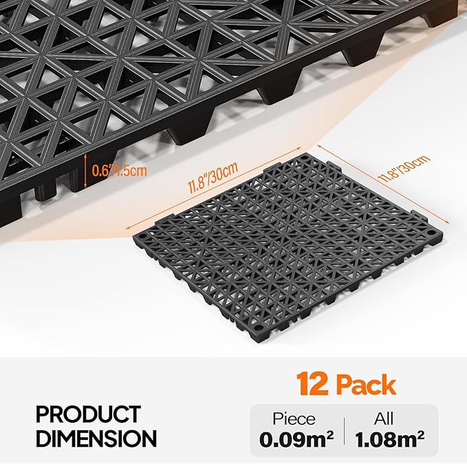 Bonnlo Black Interlocking Floor Tile, 12''*12'' Anti-Fatigue Floor Mat, Restaurant Drainage Kitchen Mat, Cushioned Flooring Mat, Non-Slip Garden Tile for Poolside, Wet Area, Deck and Bathroom Use