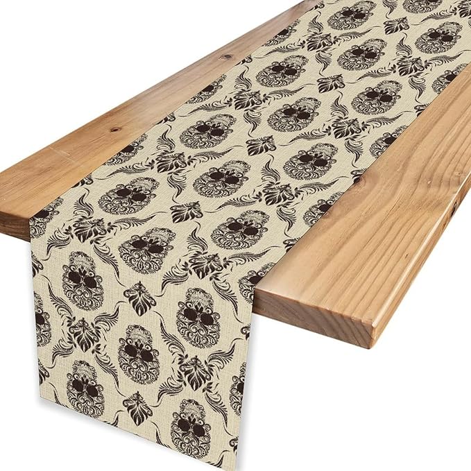Gothic Table Runner, Retro Antique Damask Skull Pattern Classic Halloween Boho Black Coffee Vintage Table Center Decor for Kitchen and Dining Outdoor Home Country Party Table Decorations, 13"x36"