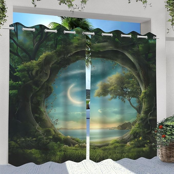 Forest Theme Waterproof Outdoor Curtains for Patio,Trees Moon Lake Pattern,Light Filtering Curtains Outside Curtains for Porch, Gazebo, Pergola, Backyard,2 Panels,W54 x L84,Green
