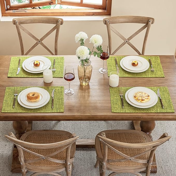 Blue Forest Placemats Set of 8, Dual-Layered Thickened Faux Linen Cloth Place Mats Heat Resistant Machine Washable Wrinkle Free Table Mats Indoor/Outdoor (Lime Green)