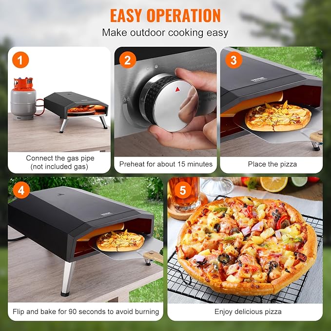 VEVOR Propane Pizza Oven, 13 Inch Gas Pizza Maker with Rotatable Pizza Stone, Portable Pizza Grill with Foldable Leg, Waterproof Carry Bag, Stainless Steel Gas Pizza Cooker for Outside Camp Backyard