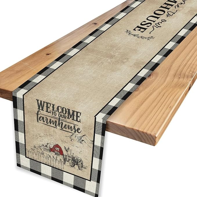 Farmhouse Table Runner, Rustic Country Barn Cottage Check Animal Coffee Table Center Decor for Home Kitchen Dining Patio Holiday Party Indoor Outdoor Table Decorations 13"x36"