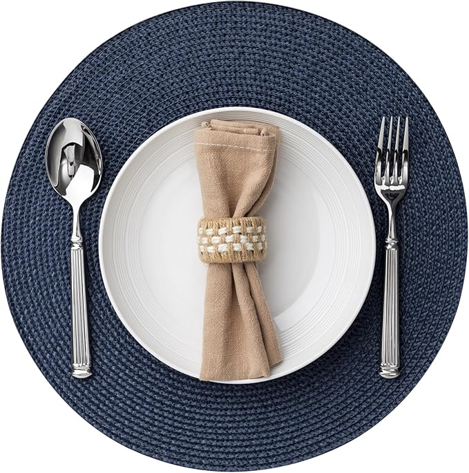 Round Placemats Set of 6 Plastic Woven Placemats Washable Wipeable Table Mats for Dining Table Heat Resistant Non-Slip Circle Place Mats (Navy Blue)
