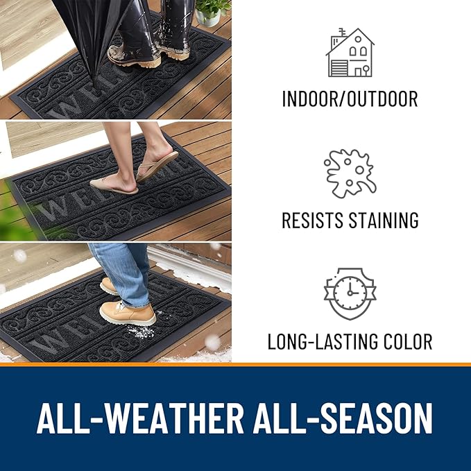 OLANLY Welcome Door Mat Indoor Outdoor Entrance, Heavy Duty Sturdy Front Door Mat, Waterproof All-Weather Doormat, Stain Resistant, Low Profile, Easy Clean Patio Entryway Mat, 47 x 32, Black