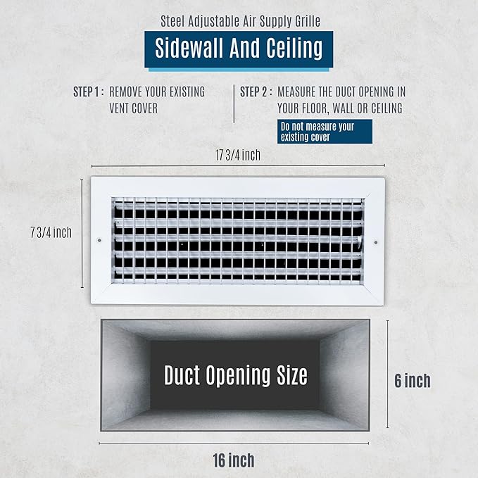 [8 Pack] Fits 16x6 Duct Opening Steel Adjustable Air Supply Grille by Handua | Register Vent Cover Grill for Sidewall and Ceiling | White | Out. Dim.: 17.75" X 7.75"