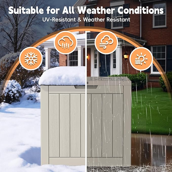 Mars Villa 31 Gallon Deck Box, Waterproof Weatherproof and UV Resistant Resin Storage Bin with Lockable Lid, Ideal for, Outdoor, Patio Furniture Cushions, Pool Supplies, Garden Tools, Greige
