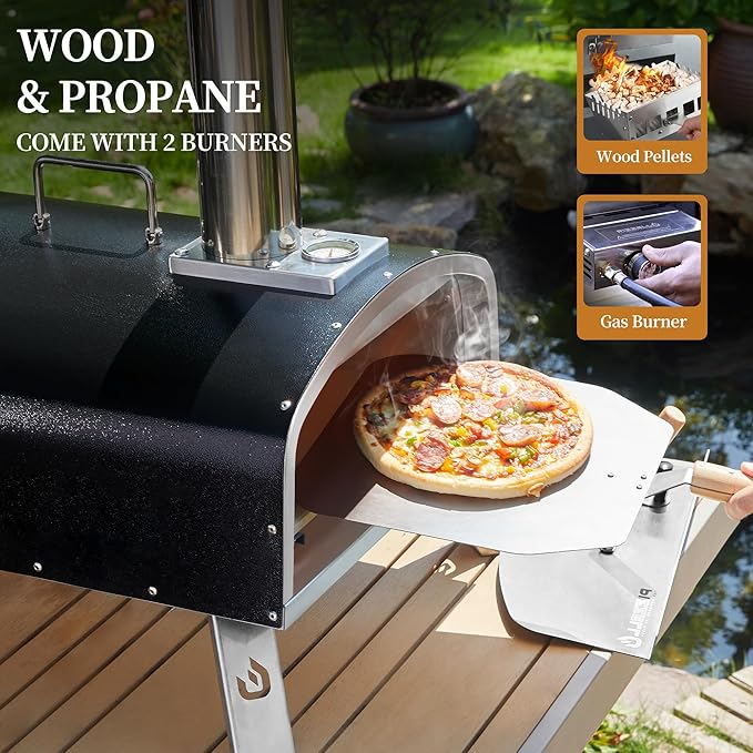 PIZZELLO Propane Pizza Oven Wood Fired Outdoor Foldable Pizza Ovens with Gas Burner, Wood Tray Pizza Stone, Pizza Peel, Cover (Black)