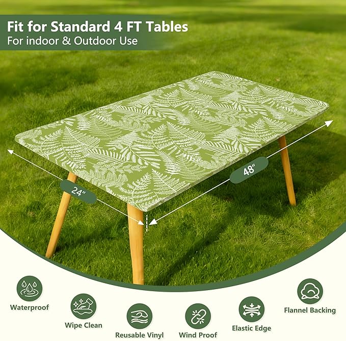 Rectangle Picnic Table Cloth, Elastic Waterproof Fitted Vinyl Tablecloths for 4 Foot Tables, Wipeable Flannel Backed Table Covers for Dining, Camping, Outdoor(Green Leaves,24"x48")