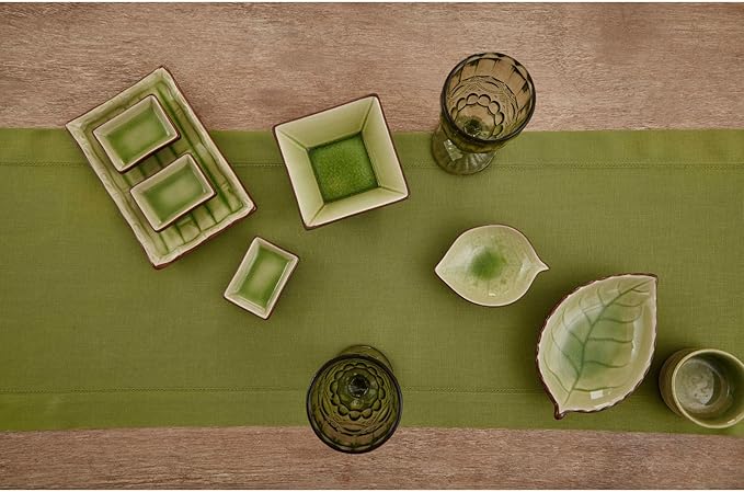 Solino Home Linen Avocado Green Hemstitch Table Runner 48 Inches - 100% Pure Linen Small Table Runner 14 x 48 Inch Ideal for Dresser and Coffee Tables - Classic Hemstitch - Fall, Autumn, Thanksgiving