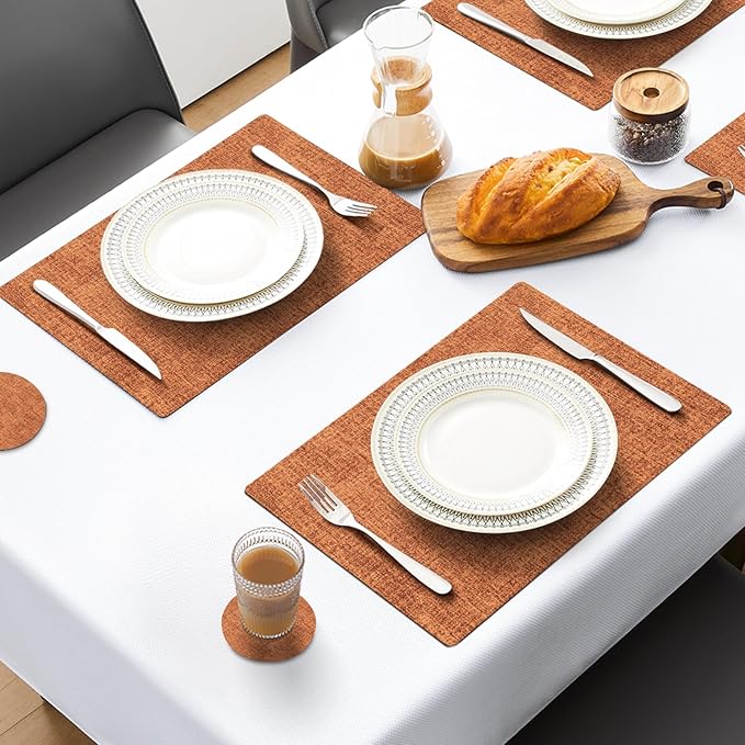 MOSAYT Faux Leather Placemats Set of 6, Heat Resistant Wipeable Washable Vinyl Place Mats with Coasters, Waterproof Oil Proof Table Mats for Kitchen Dining Party Indoor Outdoor, 12" x 17", Orange