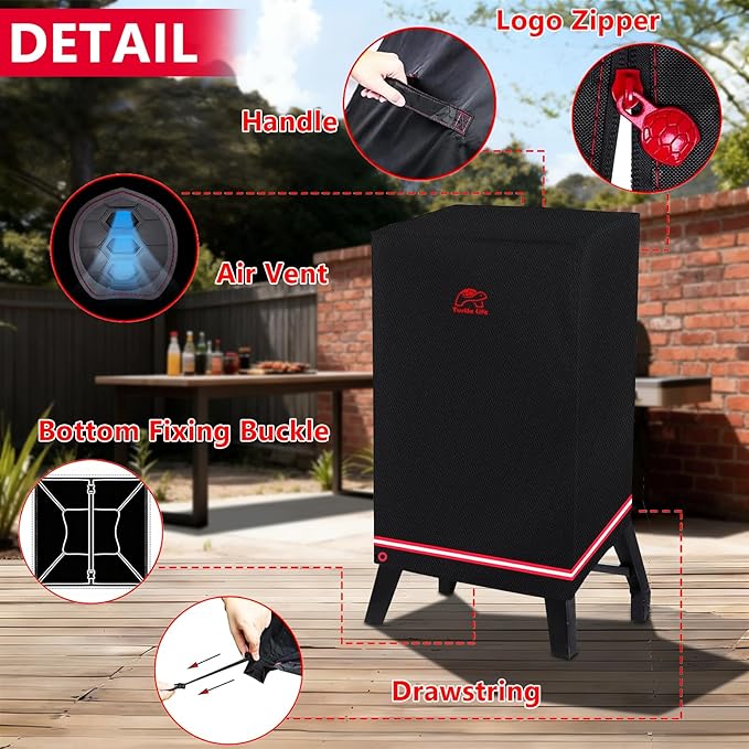 Turtle Life 40 Inch Smoker Cover for Masterbuilt ThermoTemp XL Propane Smoker, Waterproof Heavy Duty Outdoor Smoker Grill Cover 28”W x 23”D x 42”H inch, Black