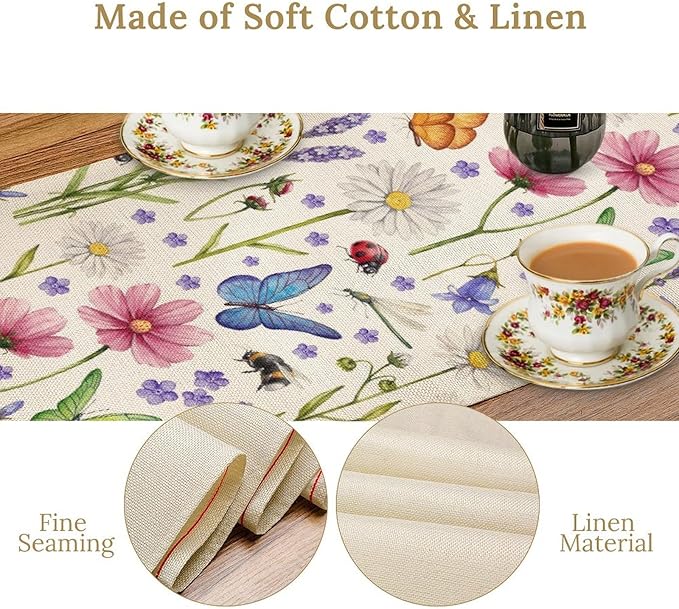 Flower Floral Table Runner, Butterfly Wildflowers Daisy Spring Summer Rustic Table Runner for Farmhouse Holiday Kitchen Dining Outdoor Home Party 13x120in