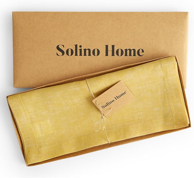 Solino Home Linen Table Runner 156 Inches Long - Athena, 100% Pure Linen Chambray Lemon Yellow Table Runner 14 x 156 Inch for Dining, Spring, Easter