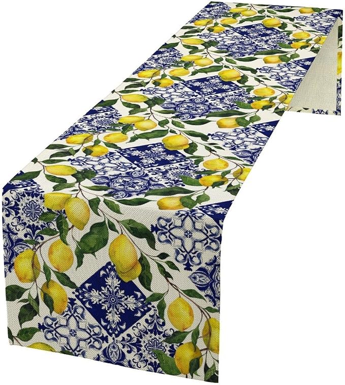 Lemon Fruit Nature Table Runner Farmhouse Talavera Ethnic Folk Rustic Watercolor Blue Dining Table Decoration for Home Holiday Party Dresser Kitchen Cabin Restaurant Wedding Decor 13×90in