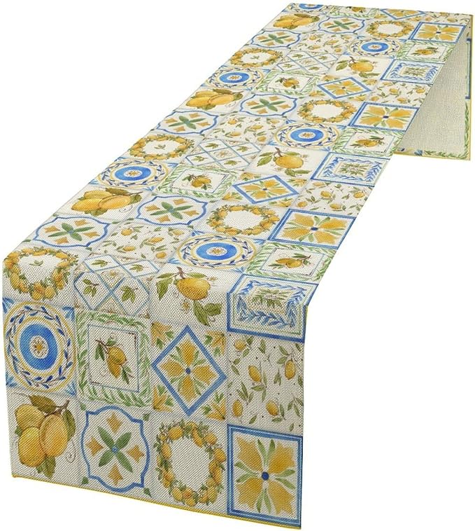 Yellow Lemon Summer Table Runner, Watercolor Spring Yellow and Blue Flower Hawaiian Style Table Runner for Holiday Party Home Kitchen Dining Table, 13x36inch
