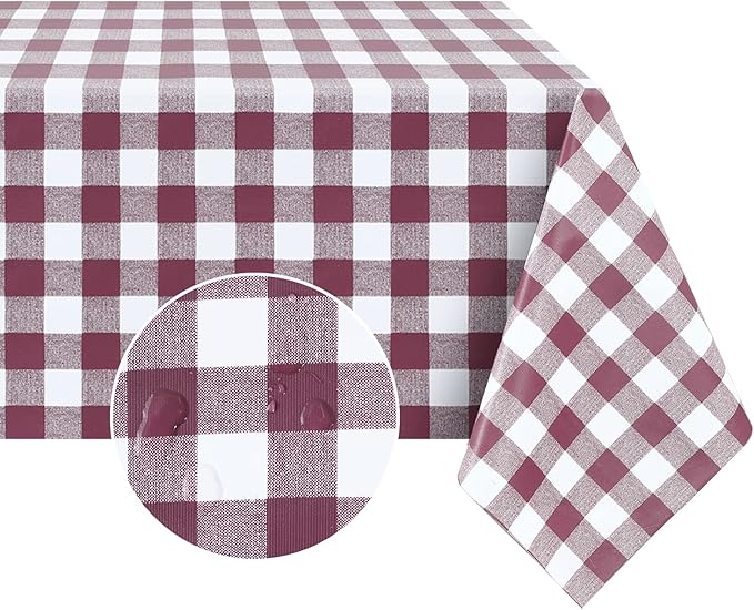 Romanstile Square Vinyl Tablecloth, 100% Waterproof Buffalo Gingham Plastic Table Cloth, Heavy Duty Wipeable Checkered Table Covers for Outdoor, Camping, Picnic, Patio - 60 x 60, Burgundy