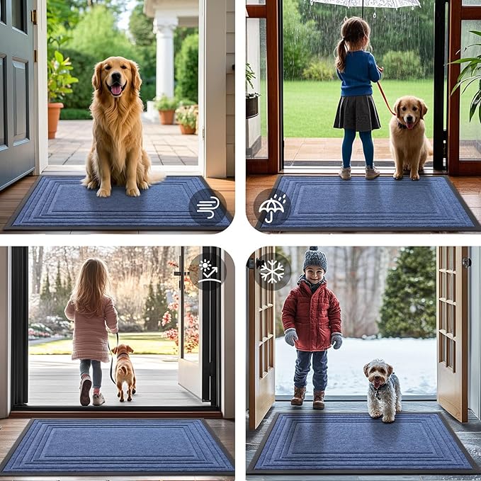 Buganda Front Door Mat Indoor Outdoor Entrance, Non-Slip Natural Rubber Doormats, Easy Clean, Low Profile, Dirt Trapper Entryway Floor Mats for Outside, Garages and Patios, 29.5x17, Blue