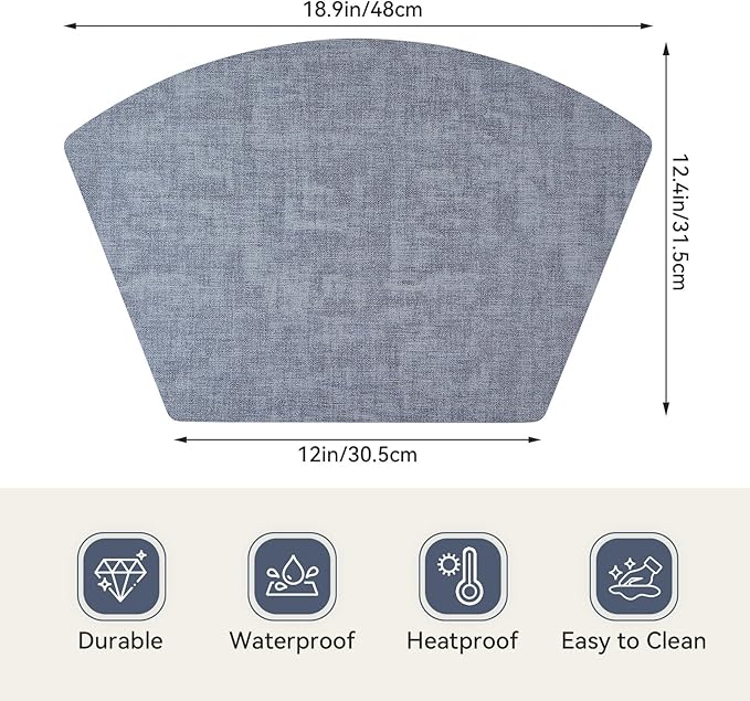 Round Table Placemats Set of 6, Faux Leather Wedge Shape Place Mats Heat Resistant Wipeable Washable Table Mats for Dining Outdoor Indoor, Blue