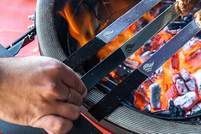 1” Wide Flat Cast Iron Skewers (Set of 5) – Heavy-Duty BBQ Sticks in 22”, 27”, 32” – Koobideh, Tandoori, Kebab Grilling – With Storage Bag – By India’s BBQ (27 inches)