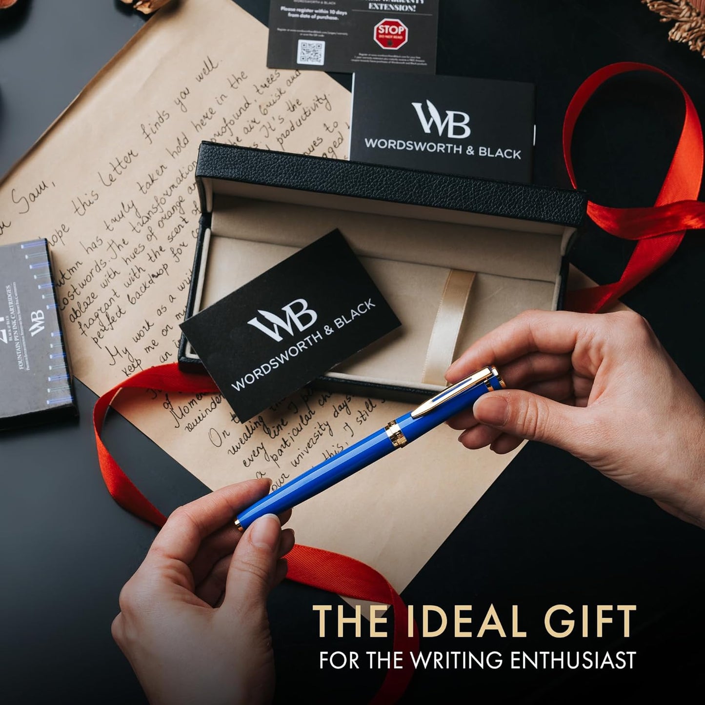 Wordsworth & Black Fountain Pen Set, 18K Gilded Fine Nib, Includes 24 Pack Ink Cartridges, Ink Refill Converter & Gift Box, Gold Finish, Calligraphy, [Imperial Blue], Perfect for Men & Women