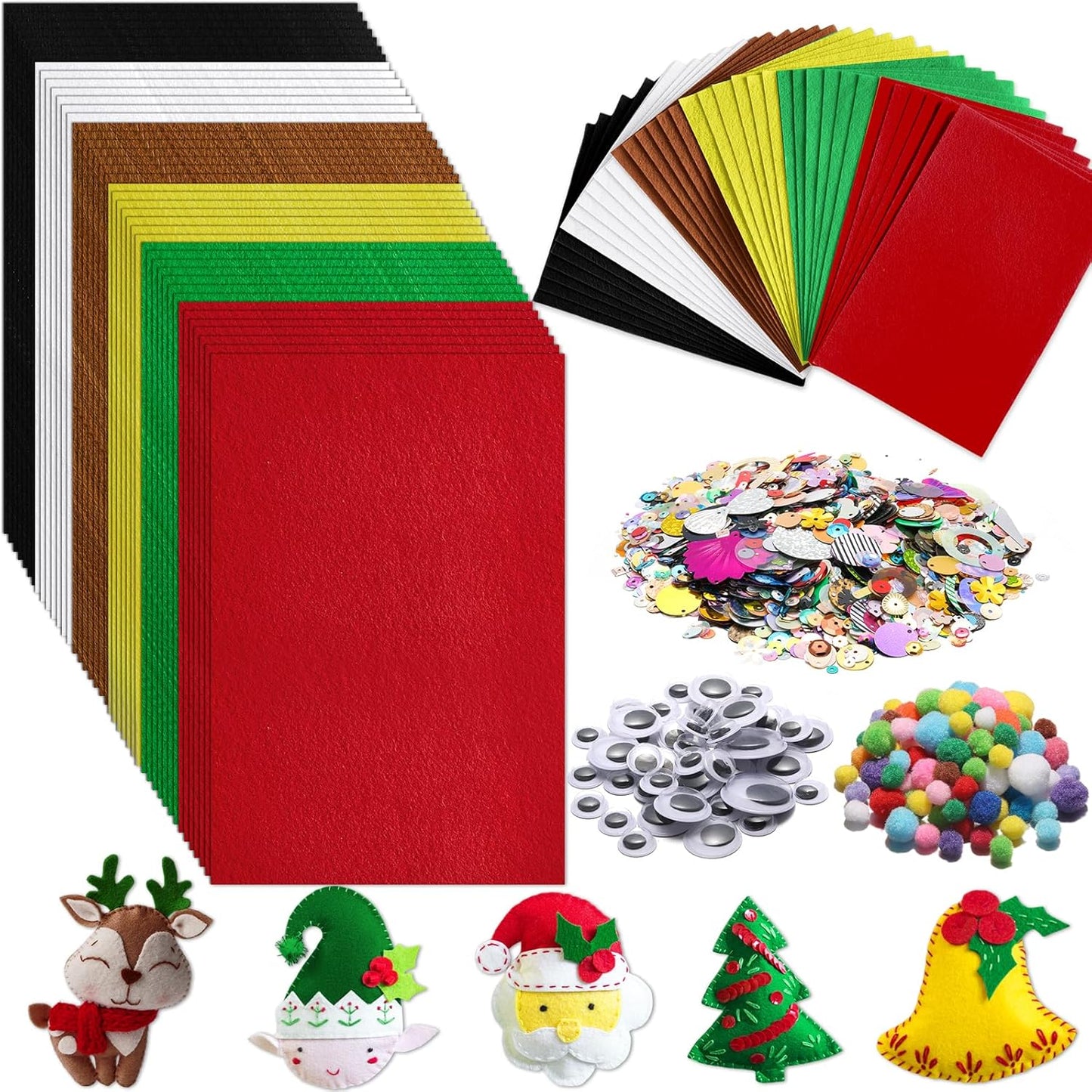 gisgfim 42Pcs Christmas Felt Fabric Sheets 8 x 12 Inch Red Green Black Assorted Soft Thick Felt Pack with Wiggle Google Eyes Pom Poms Glitter Patchwork Craft for DIY Sewing Creative Art Project Decor