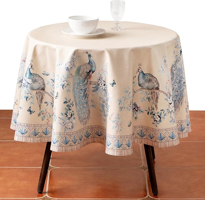 Maison d' Hermine Premium Table Cloth Round Table 100% Combed Cotton 70" Diameter Inches Tablecloth Reusable Decorative for Dining Room, Home, Party, Festive & Wedding - Peacock Utopia - Sandy Beach