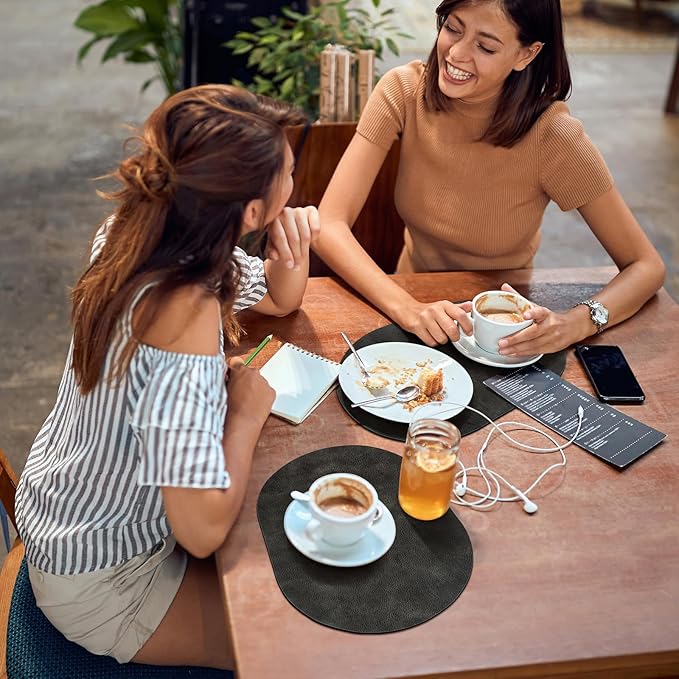 ADRIMER Placemats, Heat Resistant Oval Placemats Set of 4 Washable 12 x 17 Inch, Waterproof Table Mats, Wipeable Pu Place Mats for Kitchen, Dark Grey